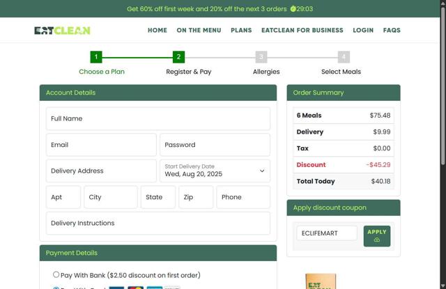 Eat Clean checkout page showing Eat Clean discount code box | Screenshot taken by SimplyCodes community member on Aug 11, 2025