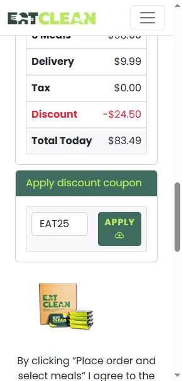 Eat Clean checkout page showing Eat Clean discount code box | Screenshot taken by SimplyCodes community member on Sep 13, 2025
