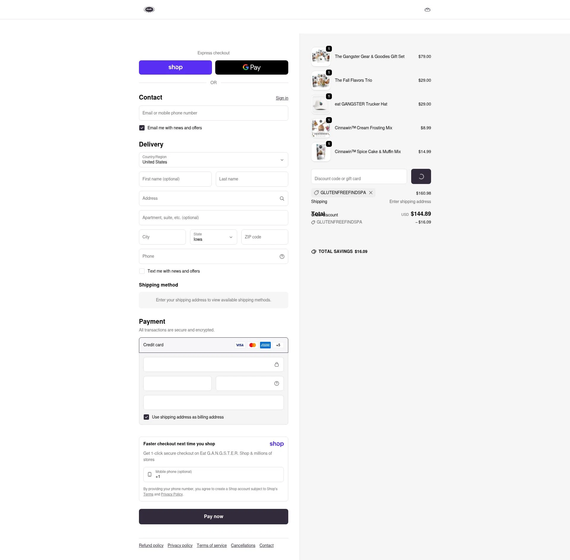 Eat G.A.N.G.S.T.E.R. checkout page showing Eat G.A.N.G.S.T.E.R. coupon code box | Screenshot taken by SimplyCodes community member on Jan 9, 2026