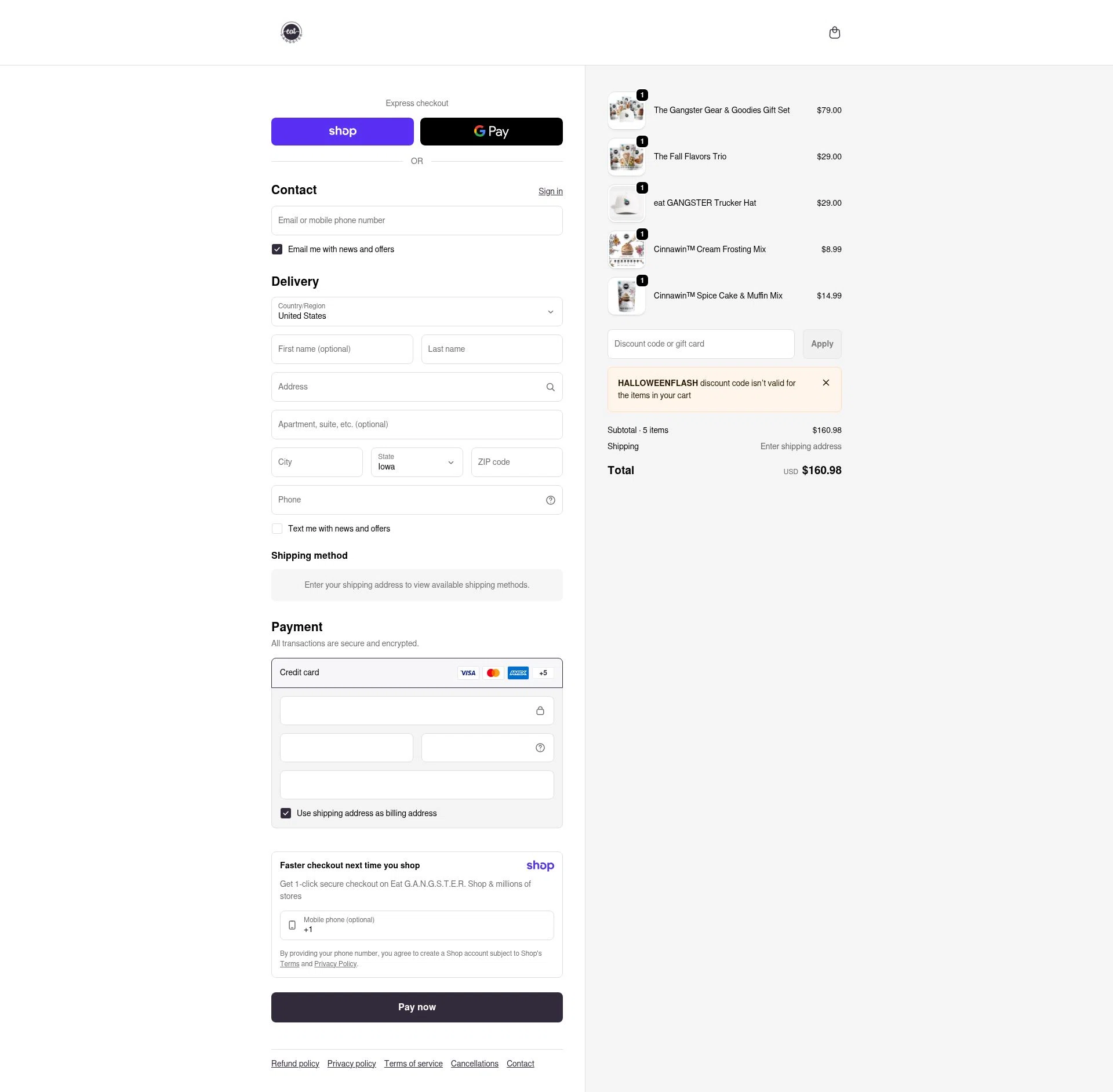 Eat G.A.N.G.S.T.E.R. checkout page showing Eat G.A.N.G.S.T.E.R. coupon code box | Screenshot taken by SimplyCodes community member on Jan 9, 2026