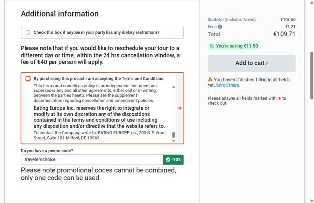 Eating Europe checkout page showing Eating Europe promo code box | Screenshot taken by SimplyCodes community member on Jul 31, 2025