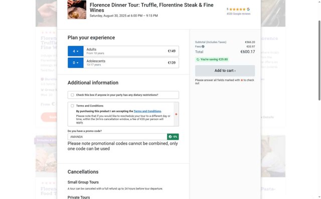 Eating Europe checkout page showing Eating Europe promo code box | Screenshot taken by SimplyCodes community member on Aug 1, 2025
