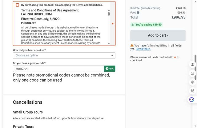 Eating Europe checkout page showing Eating Europe promo code box | Screenshot taken by SimplyCodes community member on Jun 4, 2025