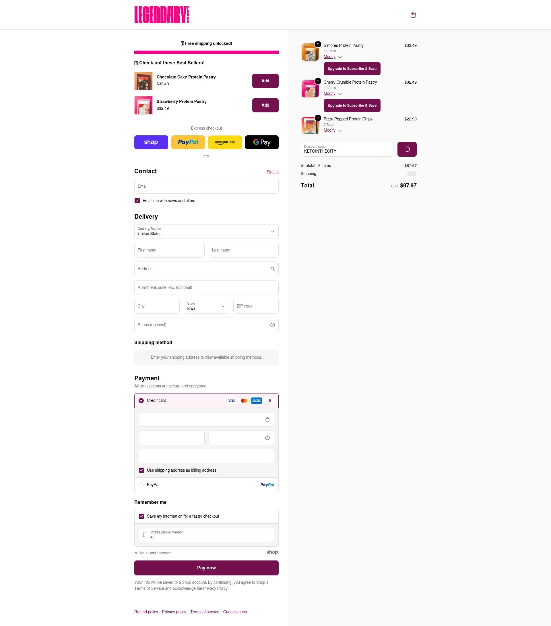 Legendary Foods checkout page showing Legendary Foods discount code box | Screenshot taken by SimplyCodes community member on Jan 3, 2026