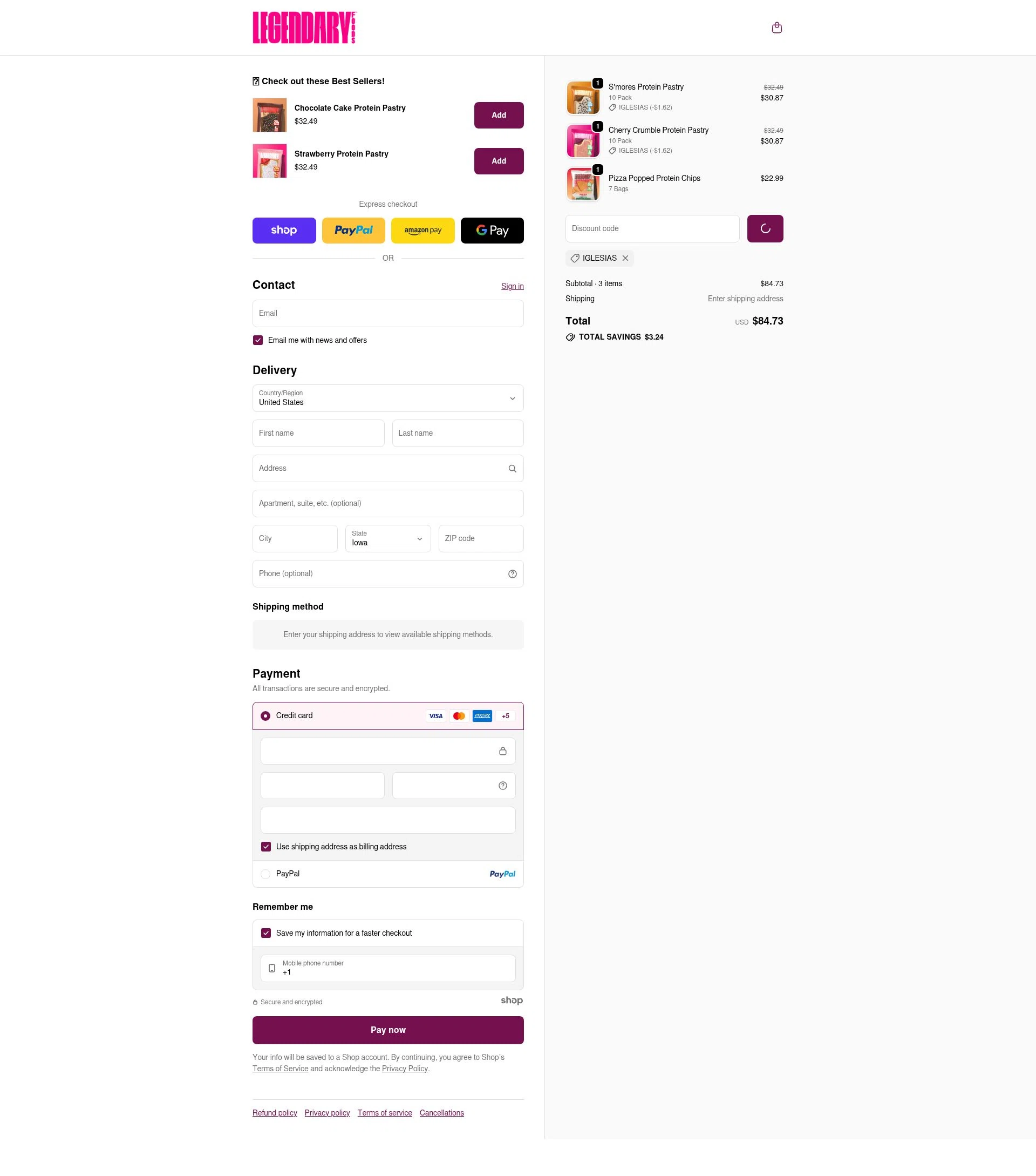 Legendary Foods checkout page showing Legendary Foods discount code box | Screenshot taken by SimplyCodes community member on Jan 3, 2026