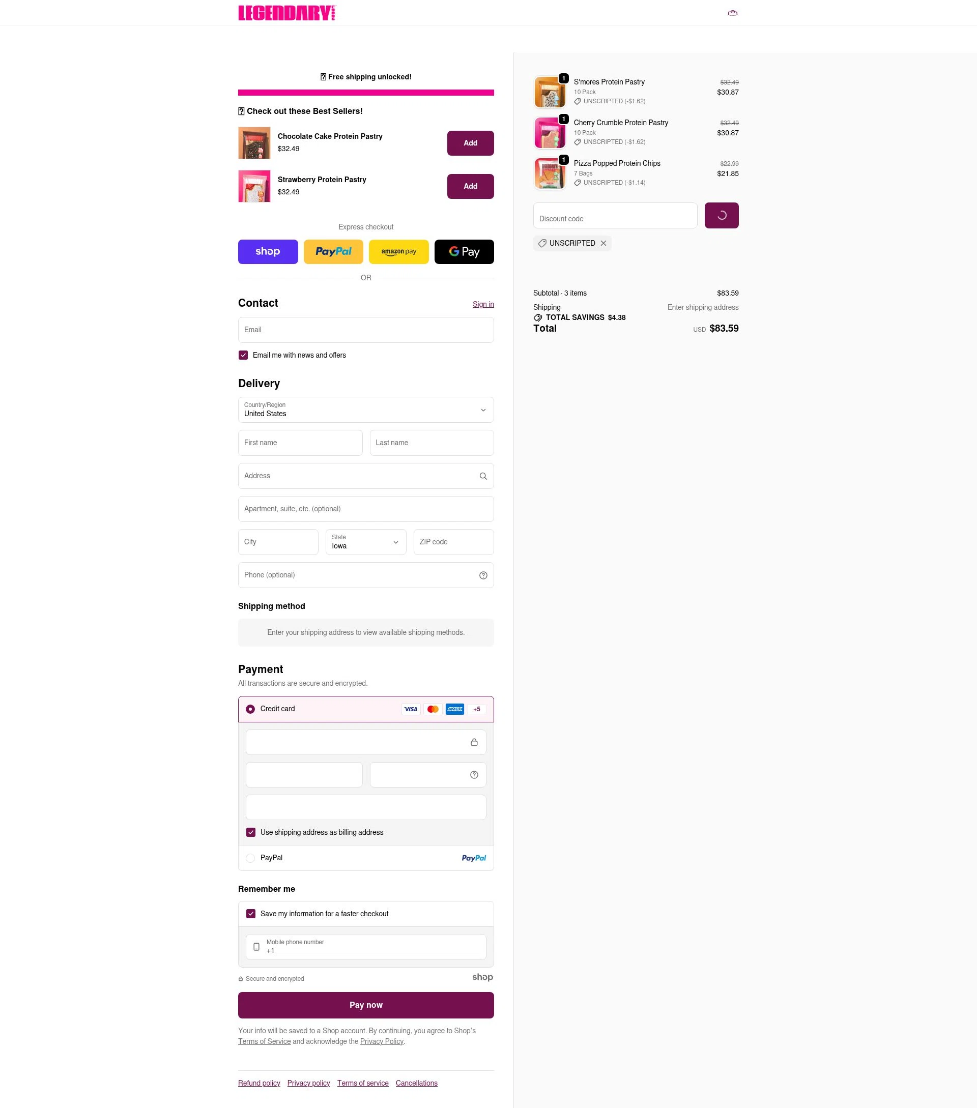 Legendary Foods checkout page showing Legendary Foods discount code box | Screenshot taken by SimplyCodes community member on Jan 3, 2026