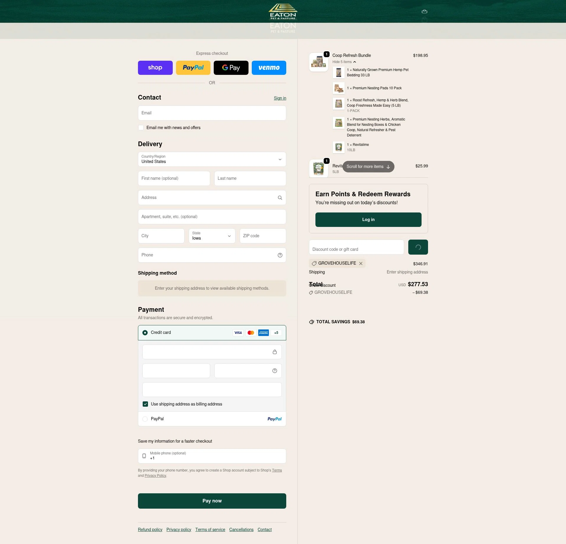 Eaton Pet and Pasture checkout page showing Eaton Pet and Pasture discount code box | Screenshot taken by SimplyCodes community member on Feb 6, 2026