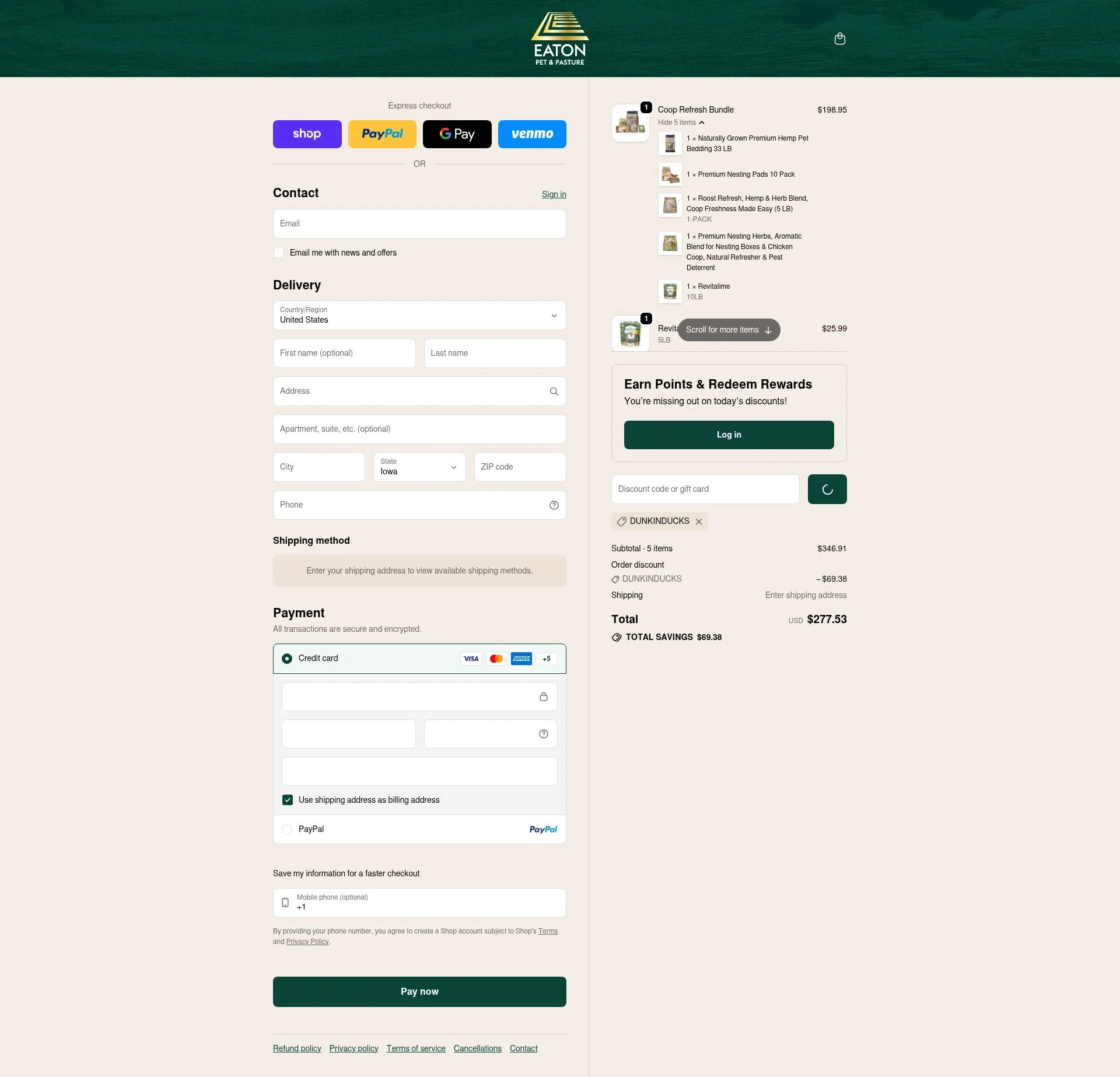 Eaton Pet and Pasture checkout page showing Eaton Pet and Pasture discount code box | Screenshot taken by SimplyCodes community member on Feb 6, 2026