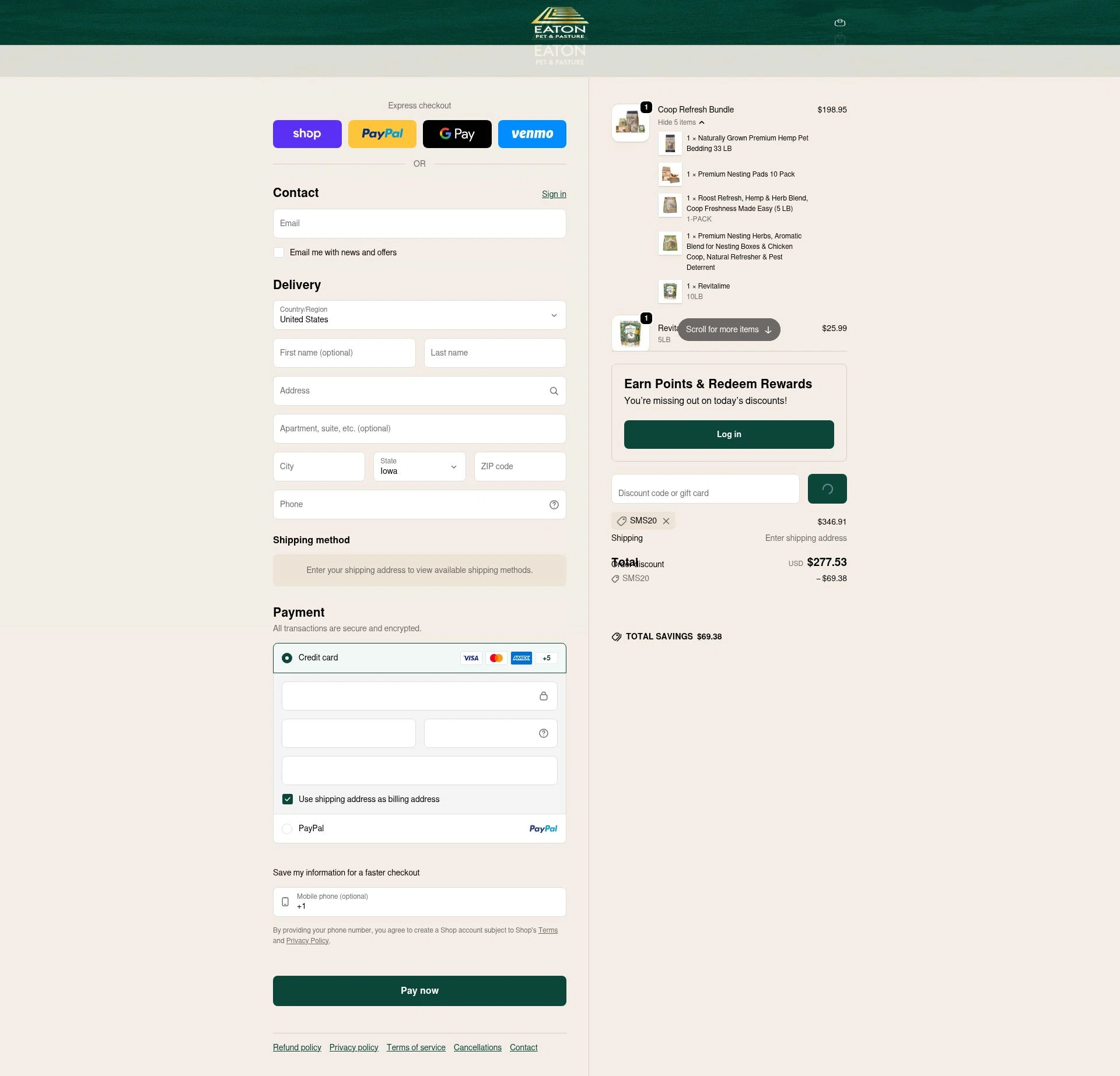 Eaton Pet and Pasture checkout page showing Eaton Pet and Pasture discount code box | Screenshot taken by SimplyCodes community member on Feb 6, 2026