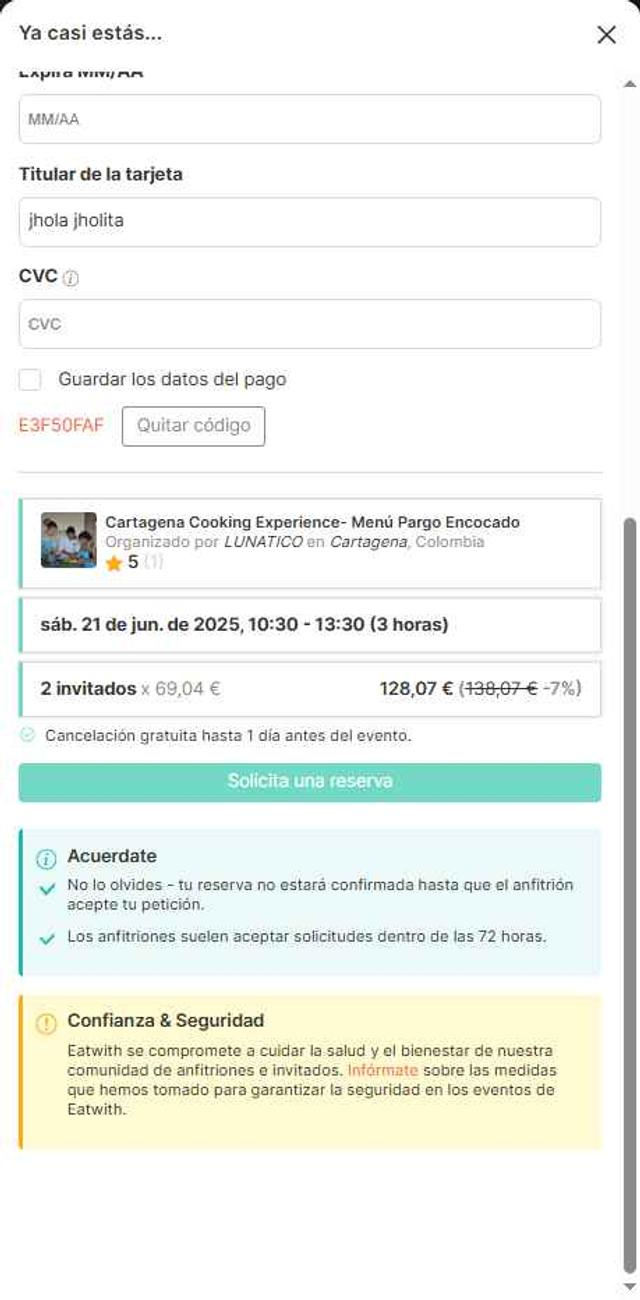 EatWith checkout page showing EatWith promo code box | Screenshot taken by SimplyCodes community member on Jun 19, 2025