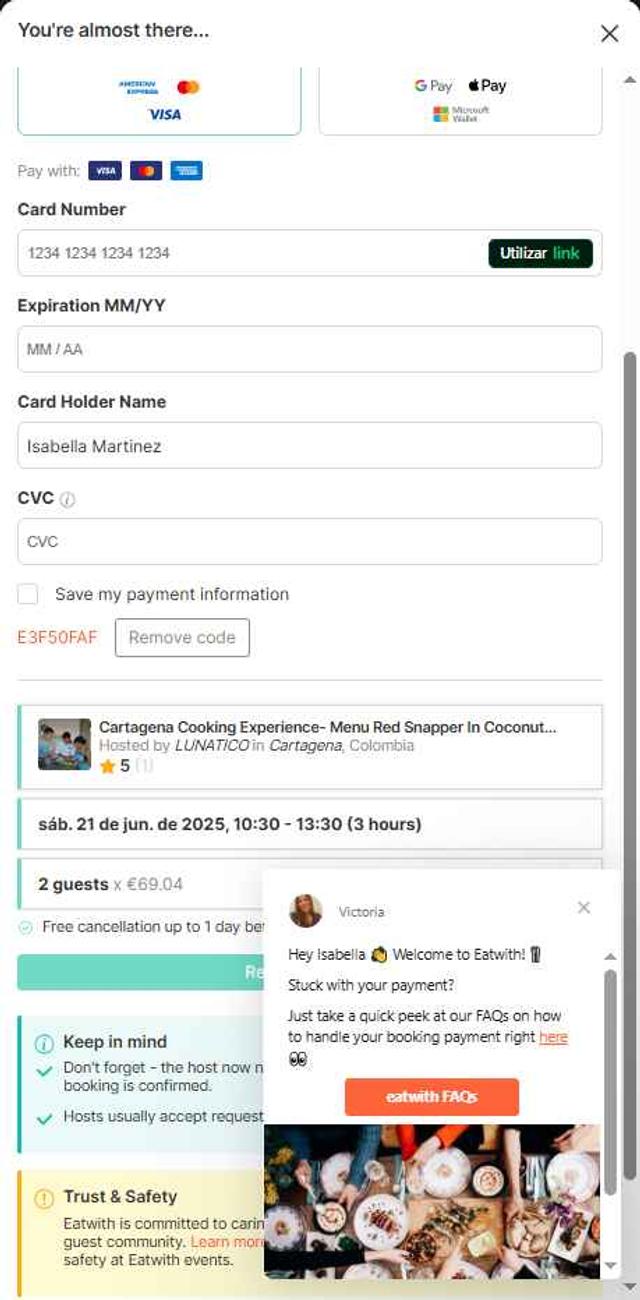 EatWith checkout page showing EatWith promo code box | Screenshot taken by SimplyCodes community member on Jun 19, 2025