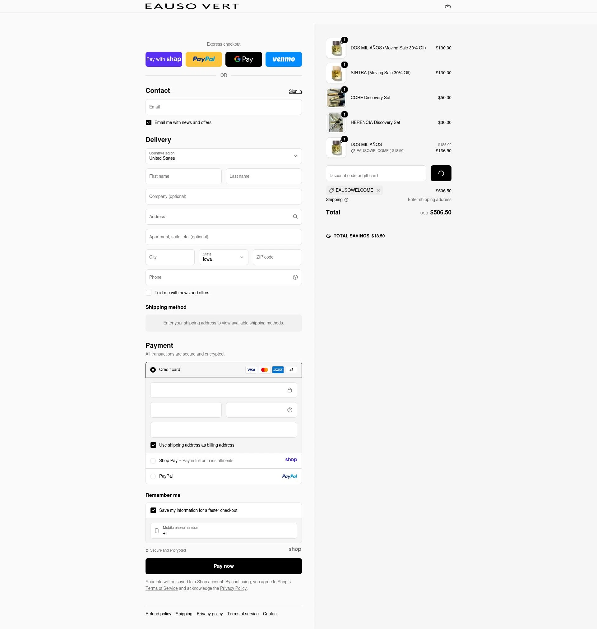 Eauso Vert checkout page showing Eauso Vert promo code box | Screenshot taken by SimplyCodes community member on Jan 7, 2026