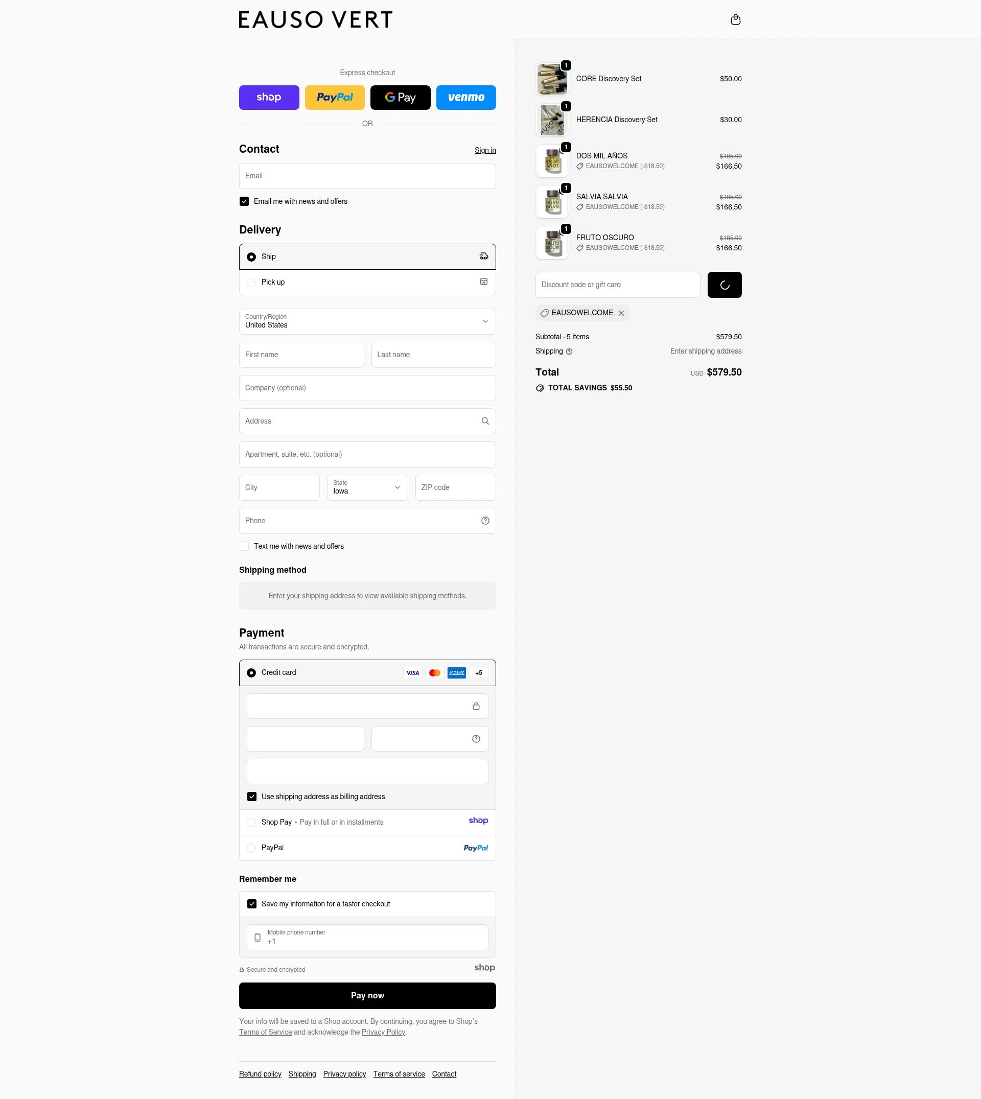 Eauso Vert checkout page showing Eauso Vert promo code box | Screenshot taken by SimplyCodes community member on Dec 23, 2025