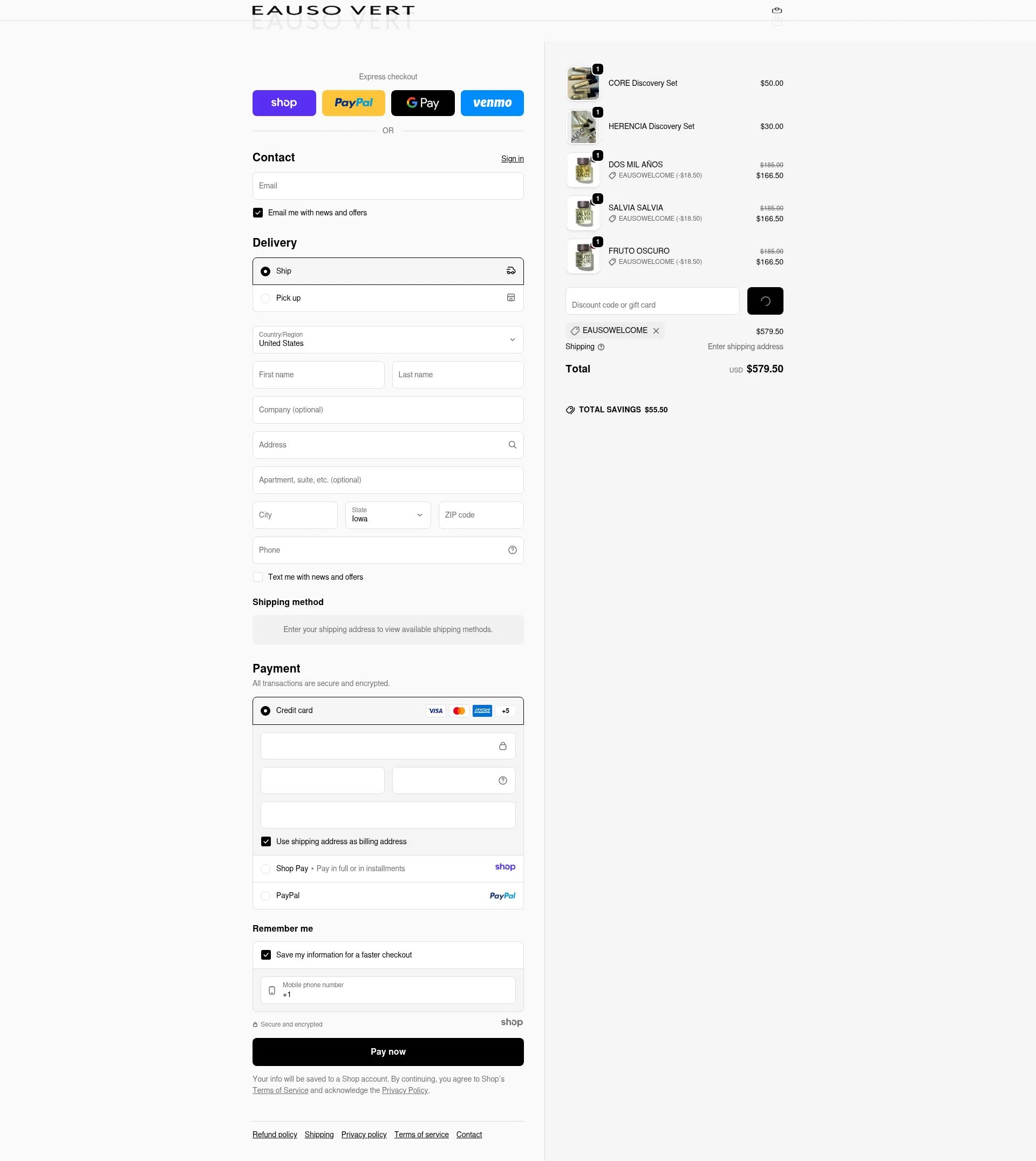 Eauso Vert checkout page showing Eauso Vert promo code box | Screenshot taken by SimplyCodes community member on Jan 2, 2026