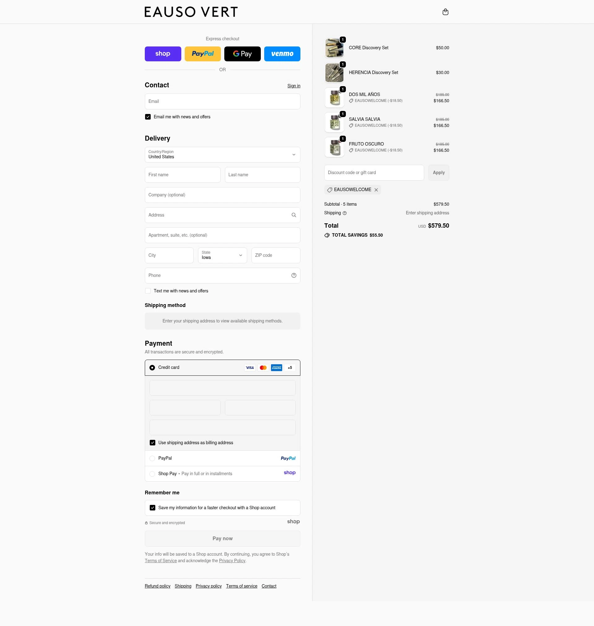 Eauso Vert checkout page showing Eauso Vert promo code box | Screenshot taken by SimplyCodes community member on Nov 19, 2025