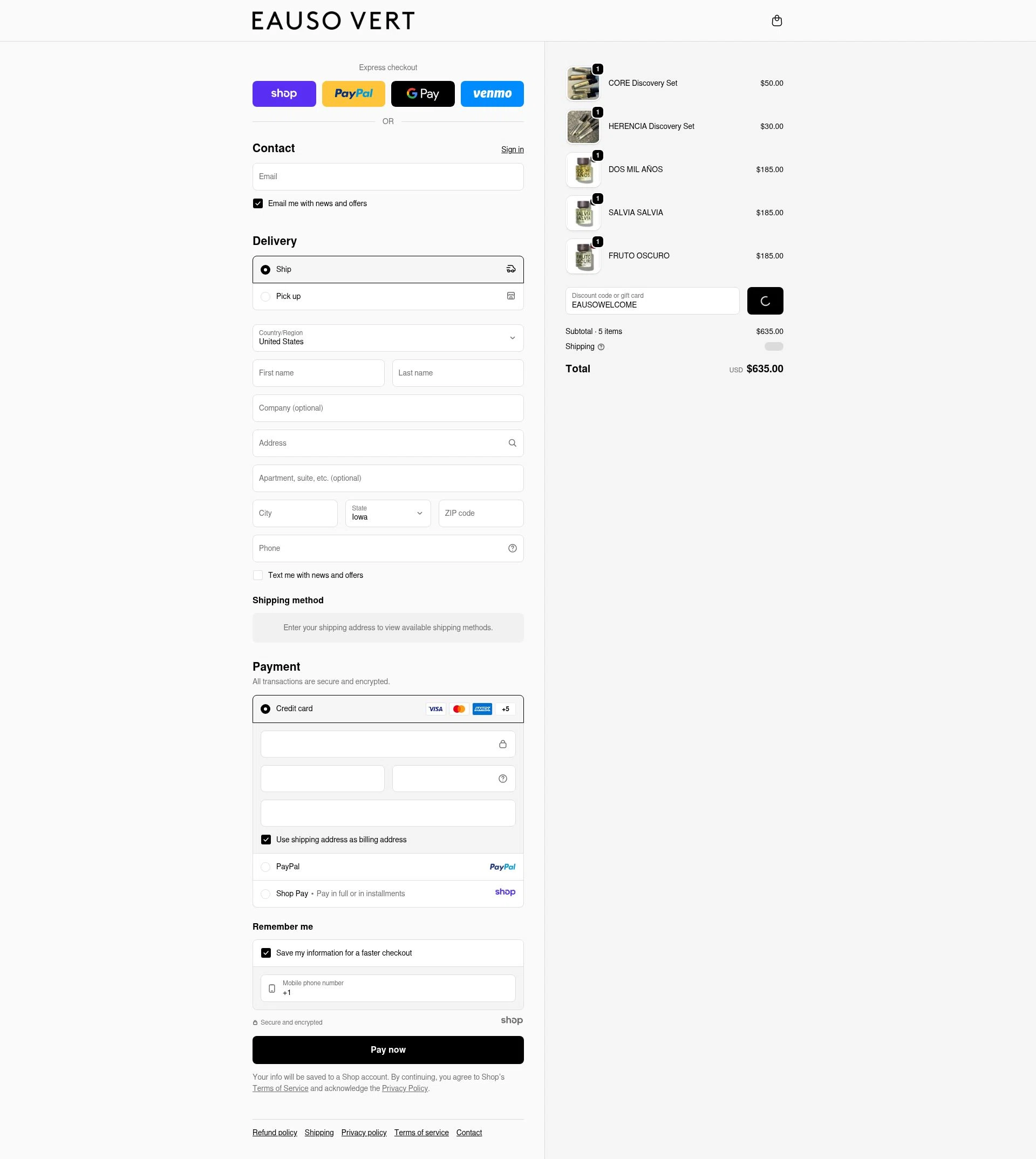 Eauso Vert checkout page showing Eauso Vert promo code box | Screenshot taken by SimplyCodes community member on Dec 16, 2025