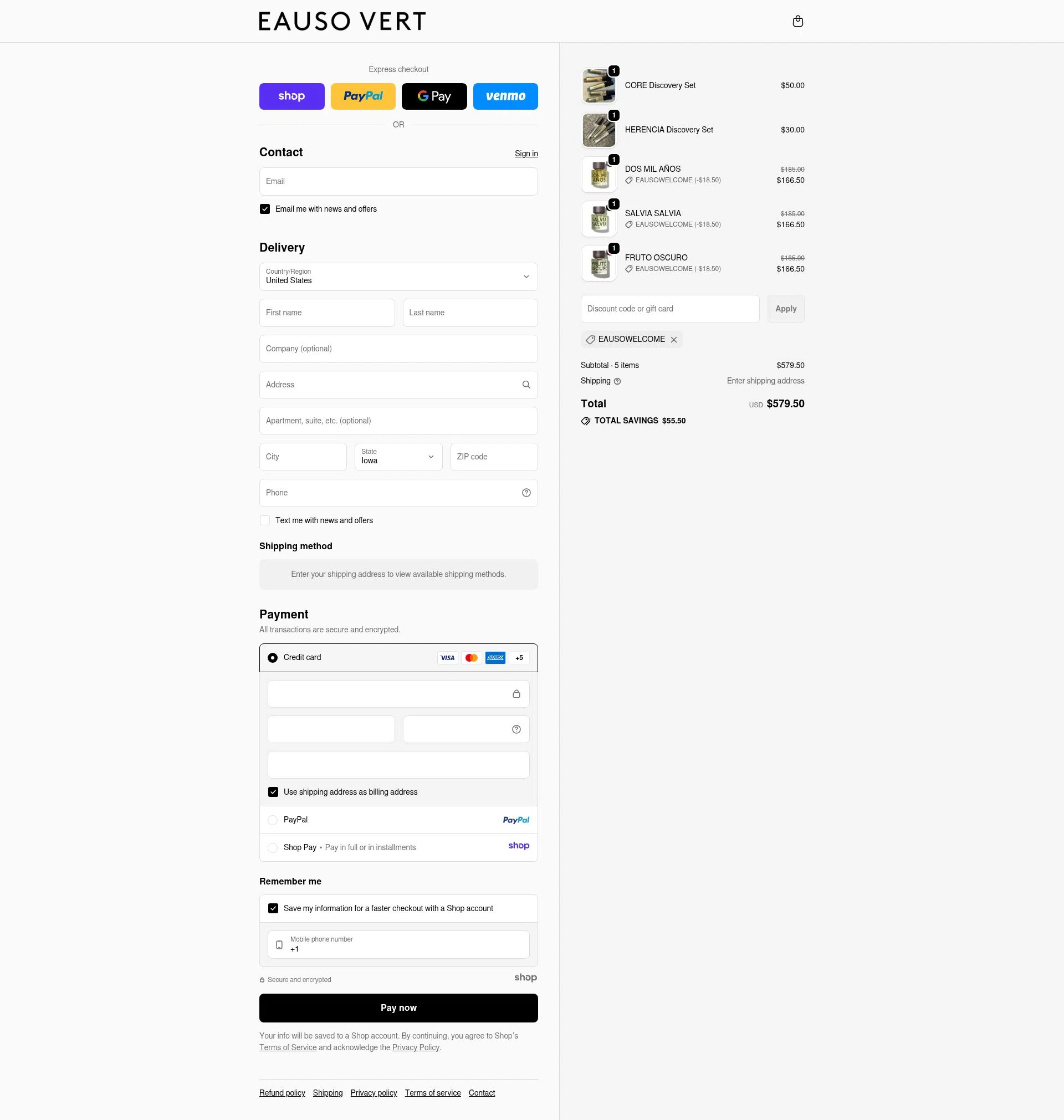 Eauso Vert checkout page showing Eauso Vert promo code box | Screenshot taken by SimplyCodes community member on Nov 24, 2025