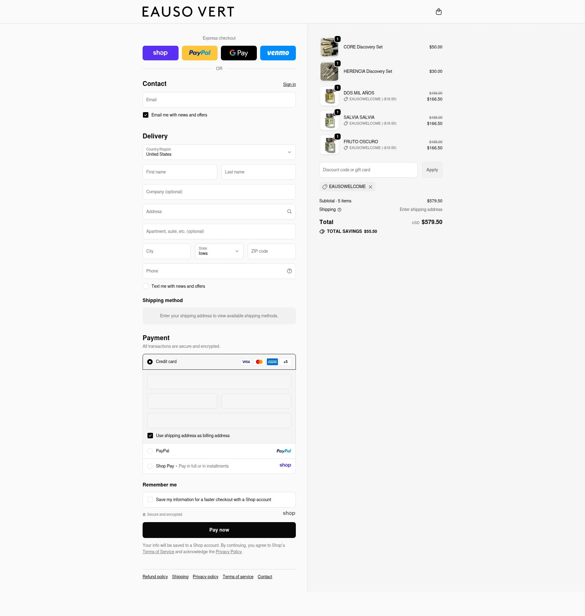 Eauso Vert checkout page showing Eauso Vert promo code box | Screenshot taken by SimplyCodes community member on Dec 5, 2025