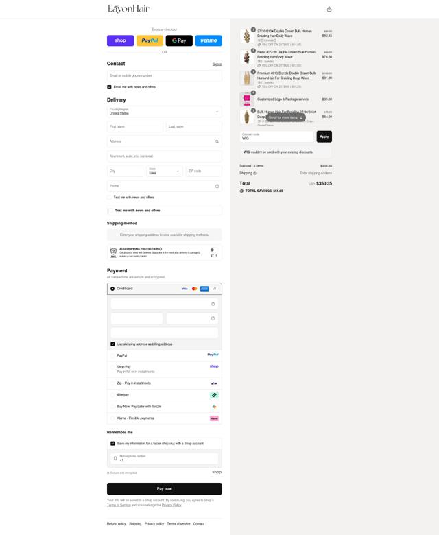 Eayon Hair checkout page showing Eayon Hair coupon code box | Screenshot taken by SimplyCodes community member on Sep 10, 2025