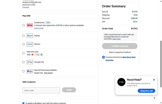 eBay checkout page showing eBay coupon code box | Screenshot taken by SimplyCodes community member on Aug 25, 2025