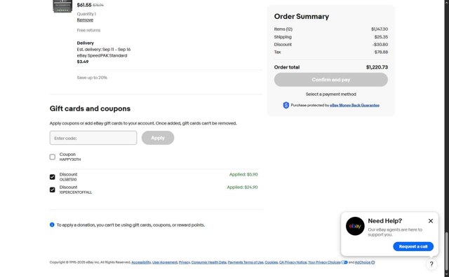 eBay checkout page showing eBay coupon code box | Screenshot taken by SimplyCodes community member on Aug 29, 2025