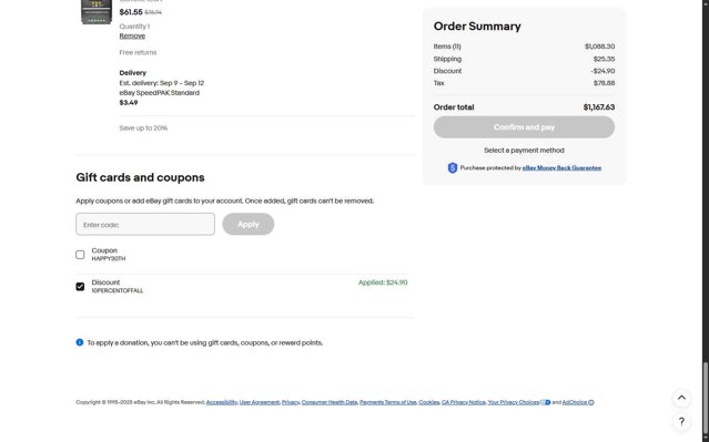 eBay checkout page showing eBay coupon code box | Screenshot taken by SimplyCodes community member on Aug 27, 2025