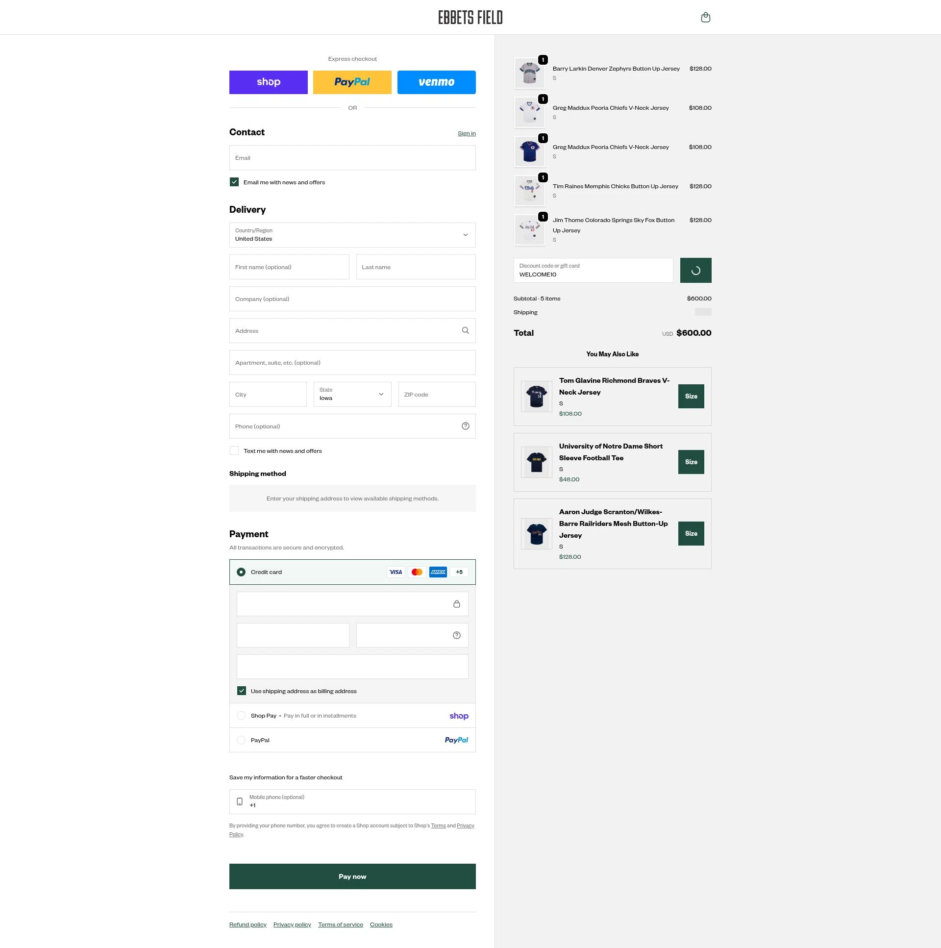Ebbets Field Flannels checkout page showing Ebbets Field Flannels discount code box | Screenshot taken by SimplyCodes community member on Feb 8, 2026