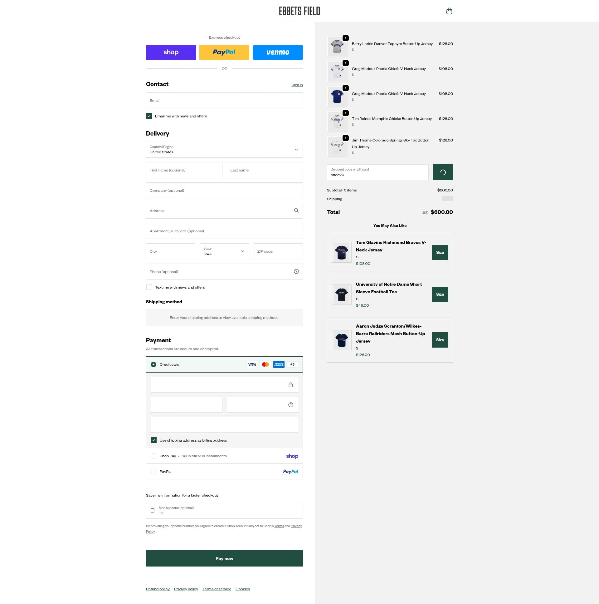 Ebbets Field Flannels checkout page showing Ebbets Field Flannels discount code box | Screenshot taken by SimplyCodes community member on Feb 8, 2026