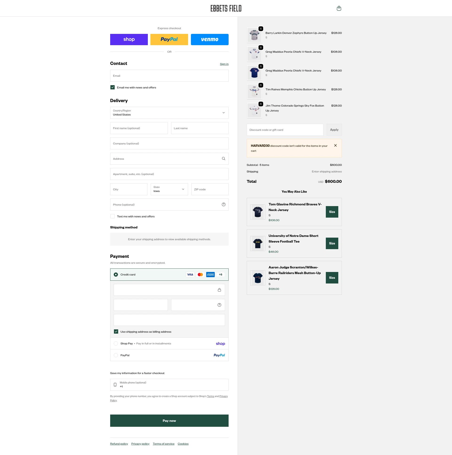 Ebbets Field Flannels checkout page showing Ebbets Field Flannels discount code box | Screenshot taken by SimplyCodes community member on Feb 8, 2026