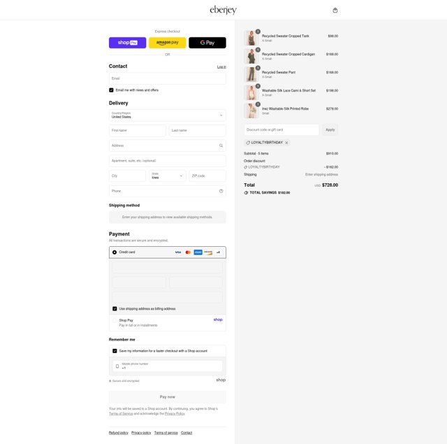Eberjey checkout page showing Eberjey discount code box | Screenshot taken by SimplyCodes community member on Aug 28, 2025