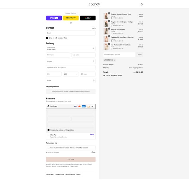 Eberjey checkout page showing Eberjey discount code box | Screenshot taken by SimplyCodes community member on Aug 28, 2025