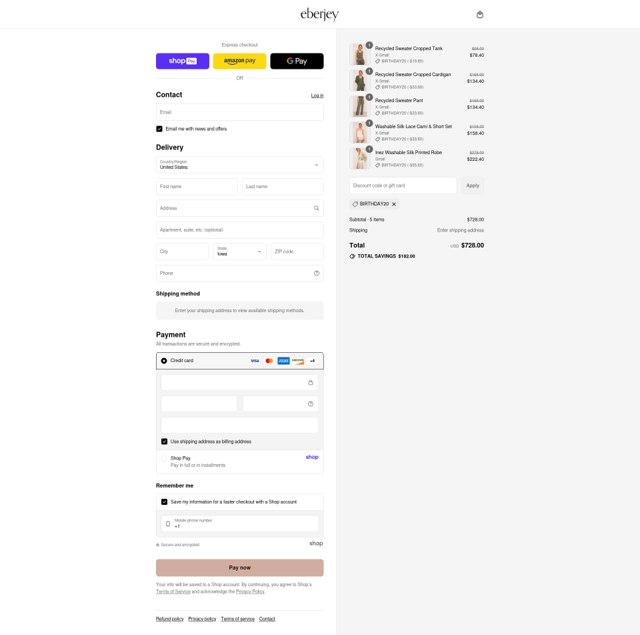 Eberjey checkout page showing Eberjey discount code box | Screenshot taken by SimplyCodes community member on Aug 24, 2025