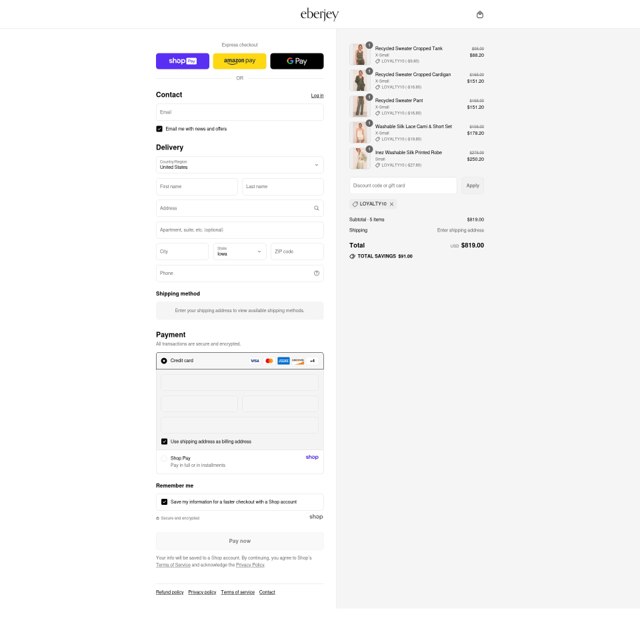 Eberjey checkout page showing Eberjey discount code box | Screenshot taken by SimplyCodes community member on Aug 28, 2025