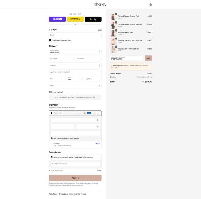 Eberjey checkout page showing Eberjey discount code box | Screenshot taken by SimplyCodes community member on Aug 28, 2025