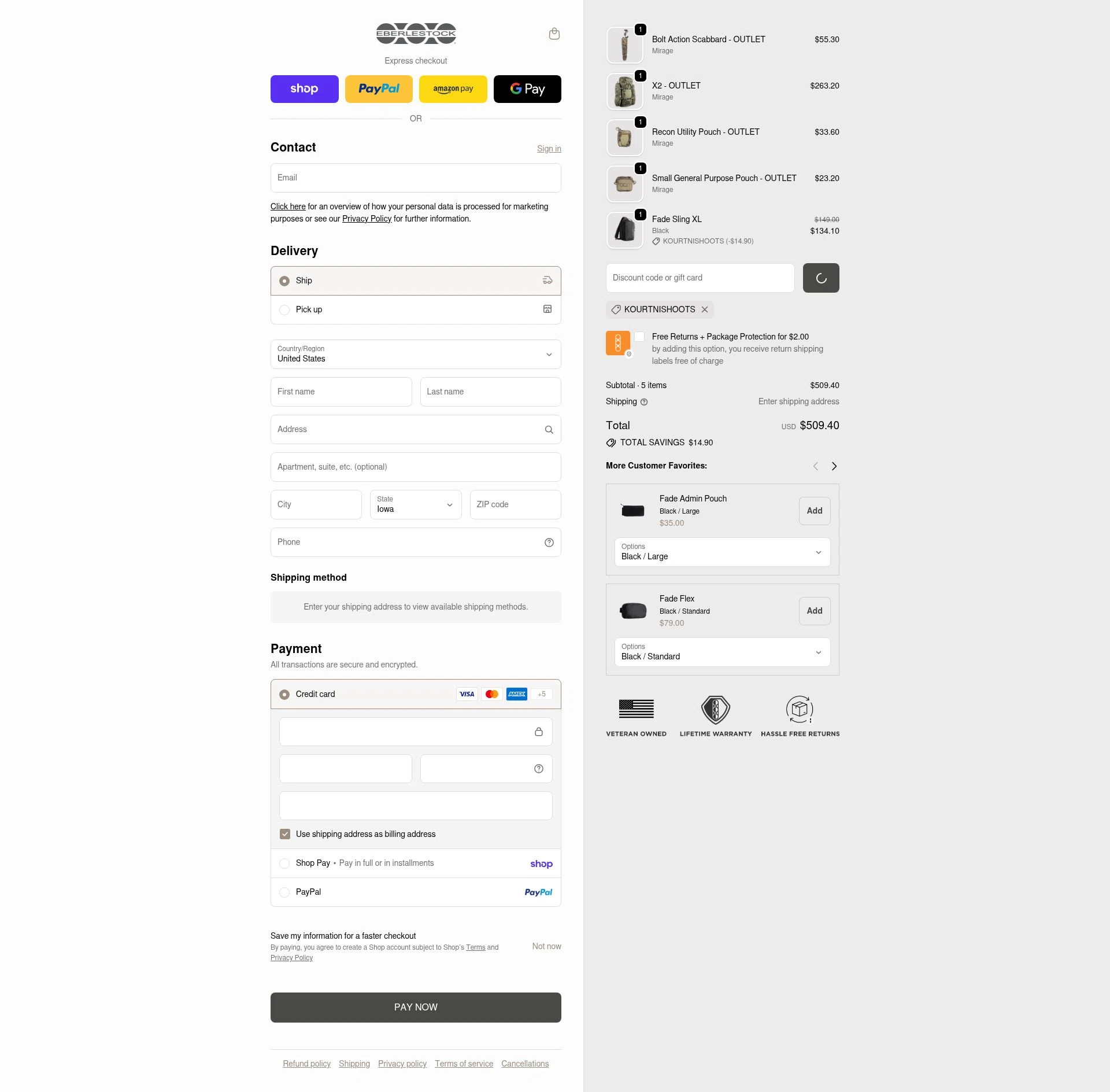 Eberlestock checkout page showing Eberlestock discount code box | Screenshot taken by SimplyCodes community member on Feb 18, 2026