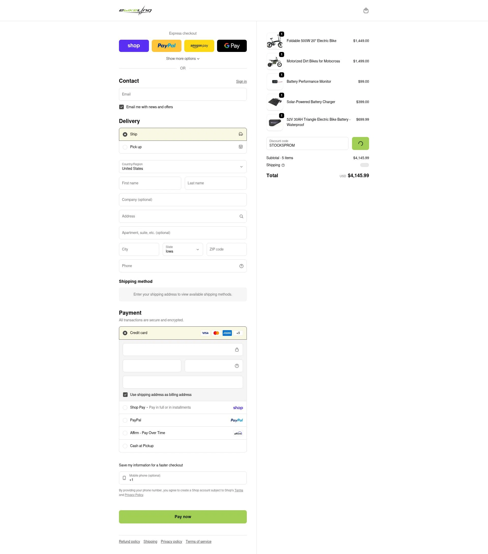 eBikeling checkout page showing eBikeling discount code box | Screenshot taken by SimplyCodes community member on Feb 5, 2026