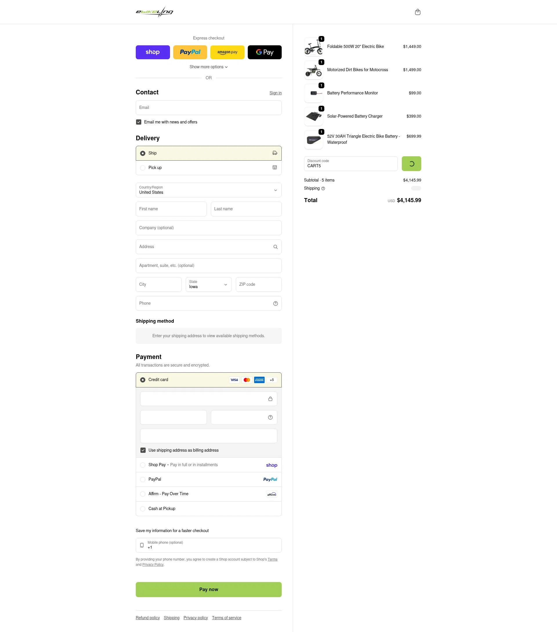 eBikeling checkout page showing eBikeling discount code box | Screenshot taken by SimplyCodes community member on Feb 9, 2026