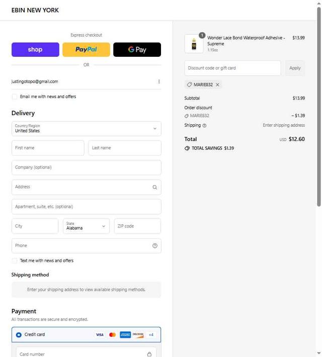 Ebin New York checkout page showing Ebin New York discount code box | Screenshot taken by SimplyCodes community member on Sep 8, 2025