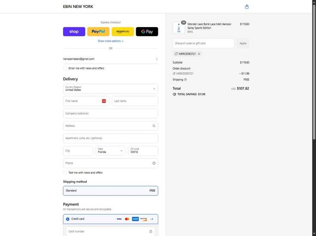 Ebin New York checkout page showing Ebin New York discount code box | Screenshot taken by SimplyCodes community member on Sep 8, 2025