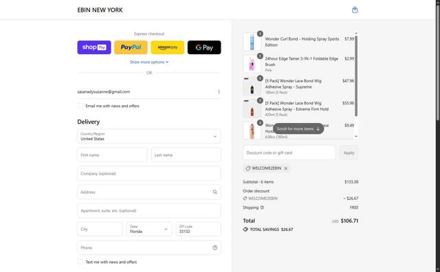 Ebin New York checkout page showing Ebin New York discount code box | Screenshot taken by SimplyCodes community member on Aug 26, 2025