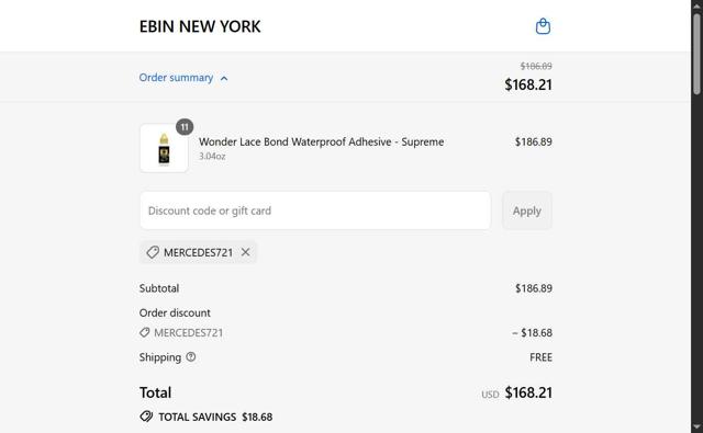 Ebin New York checkout page showing Ebin New York discount code box | Screenshot taken by SimplyCodes community member on Sep 8, 2025