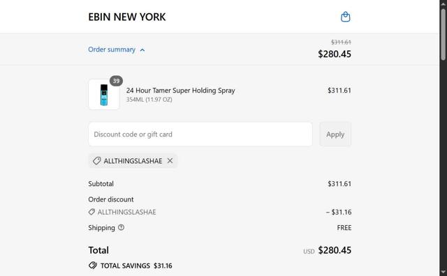 Ebin New York checkout page showing Ebin New York discount code box | Screenshot taken by SimplyCodes community member on Sep 8, 2025