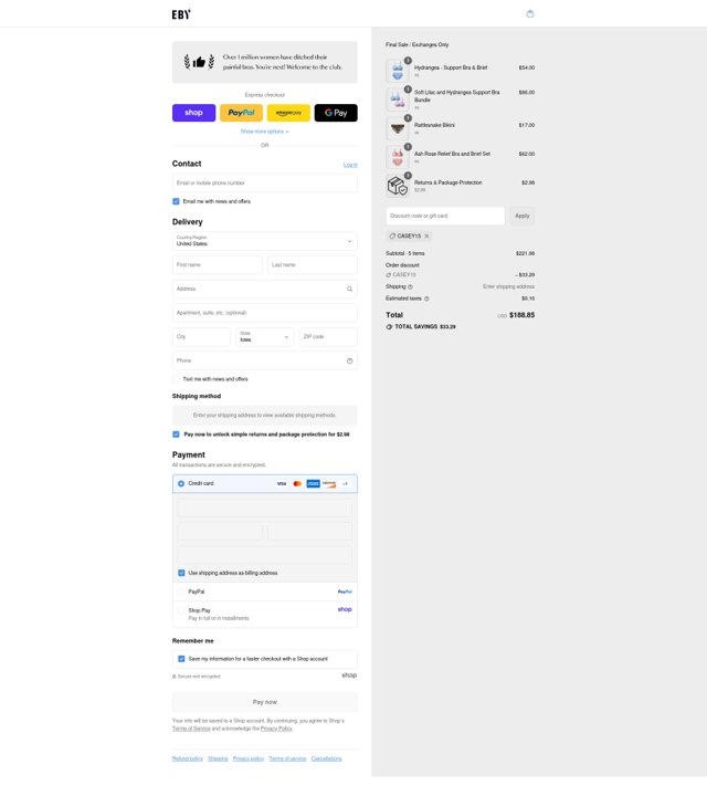 EBY checkout page showing EBY discount code box | Screenshot taken by SimplyCodes community member on Sep 4, 2025