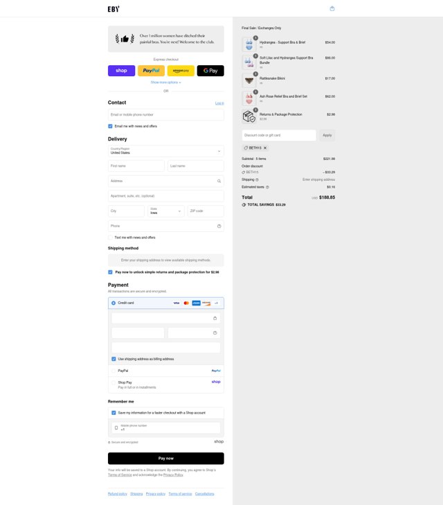 EBY checkout page showing EBY discount code box | Screenshot taken by SimplyCodes community member on Sep 4, 2025