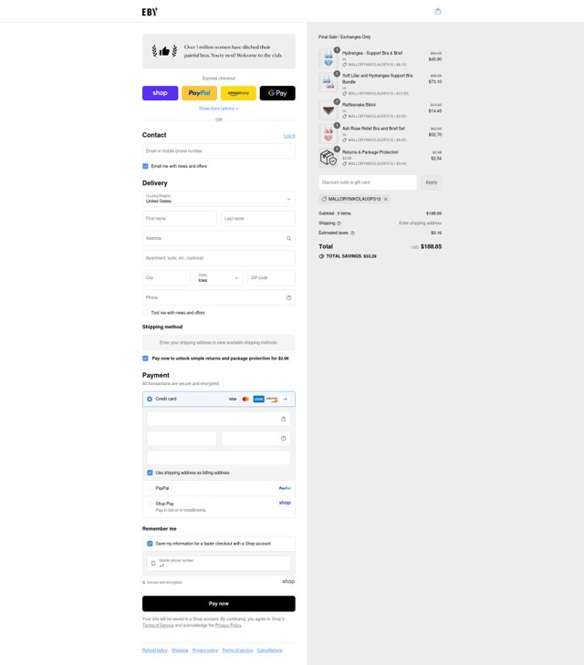 EBY checkout page showing EBY discount code box | Screenshot taken by SimplyCodes community member on Sep 4, 2025