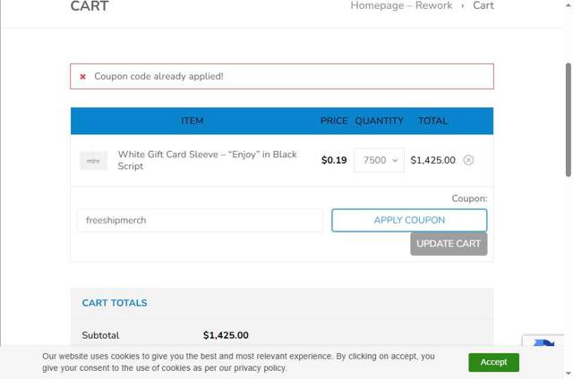 eCard Systems checkout page showing eCard Systems coupon code box | Screenshot taken by SimplyCodes community member on Sep 4, 2025