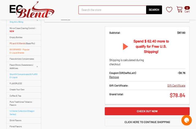 ECBlend Flavors checkout page showing ECBlend Flavors promo code box | Screenshot taken by SimplyCodes community member on Aug 18, 2025