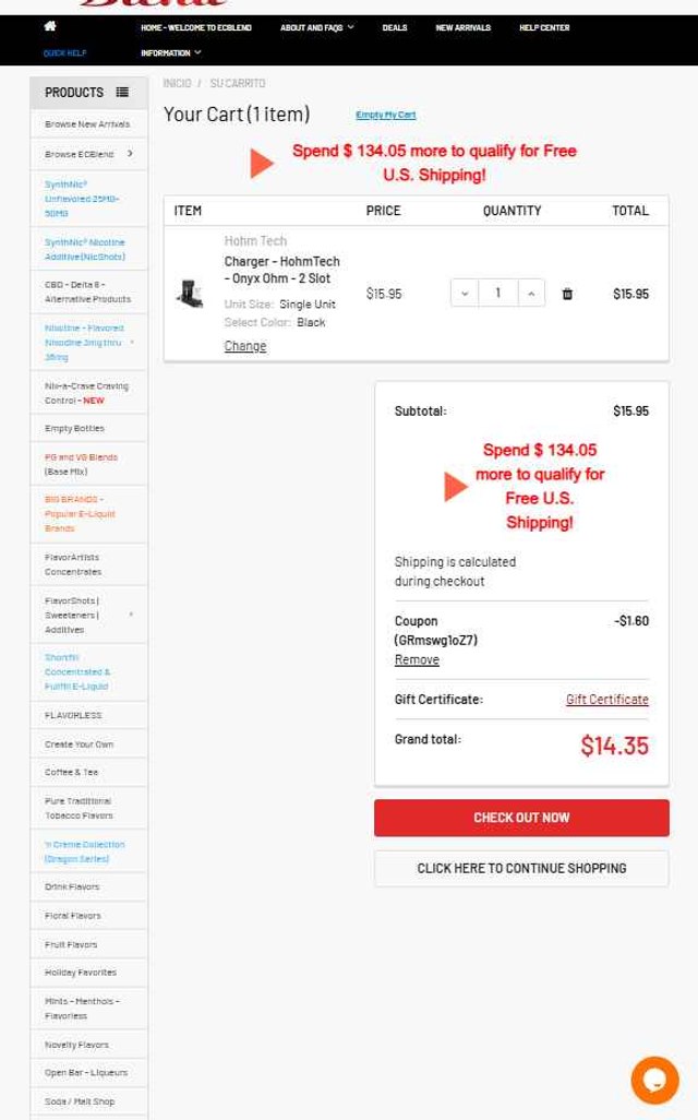 ECBlend Flavors checkout page showing ECBlend Flavors promo code box | Screenshot taken by SimplyCodes community member on Jul 15, 2025