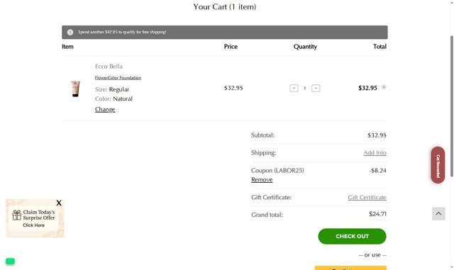 Ecco Bella checkout page showing Ecco Bella coupon code box | Screenshot taken by SimplyCodes community member on Aug 24, 2025