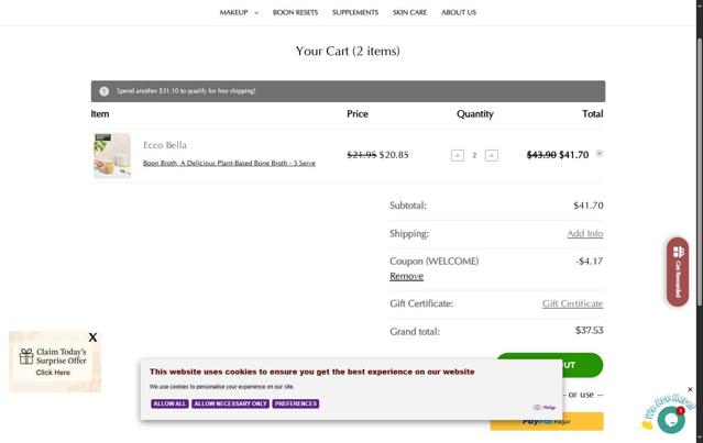 Ecco Bella checkout page showing Ecco Bella coupon code box | Screenshot taken by SimplyCodes community member on Aug 28, 2025